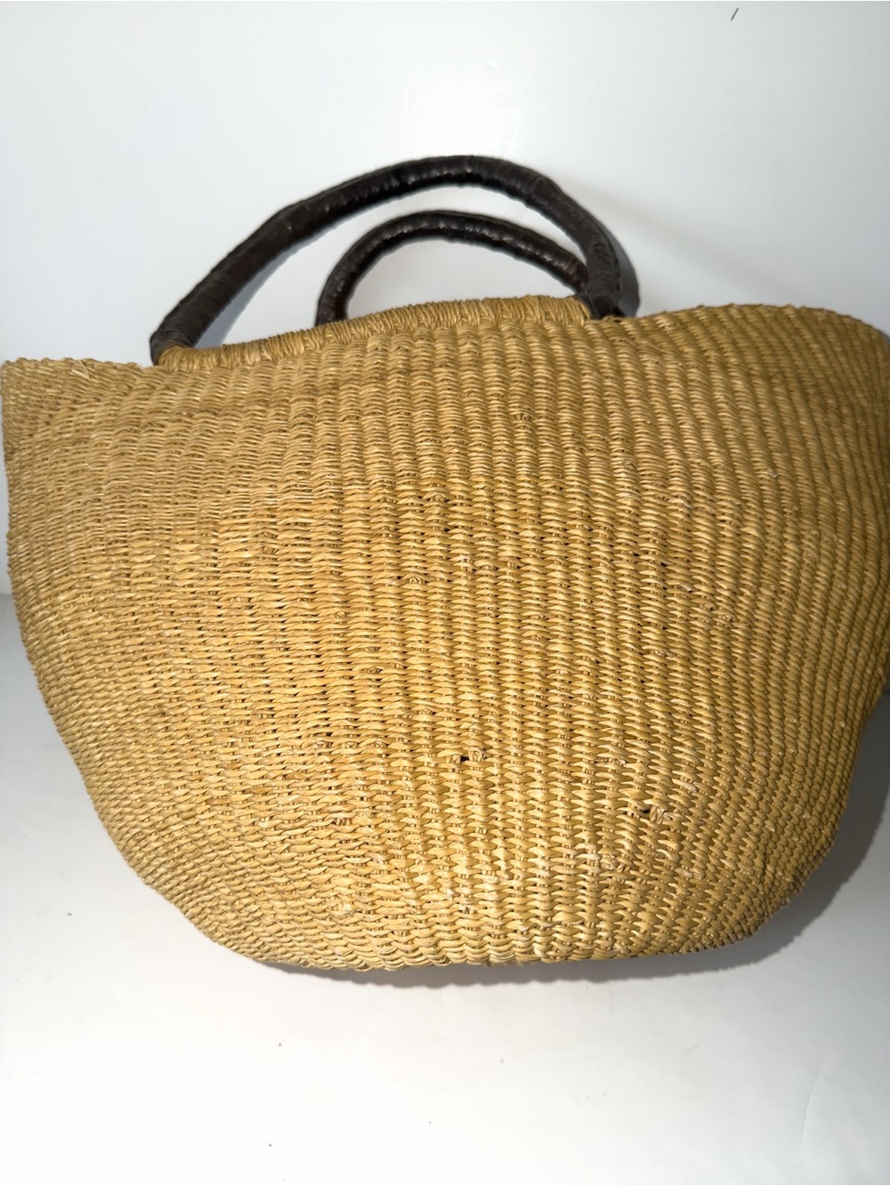 Woven Large Straw Tote Bag with Dark Brown Leather Bound Handles - Picture 6 of 9